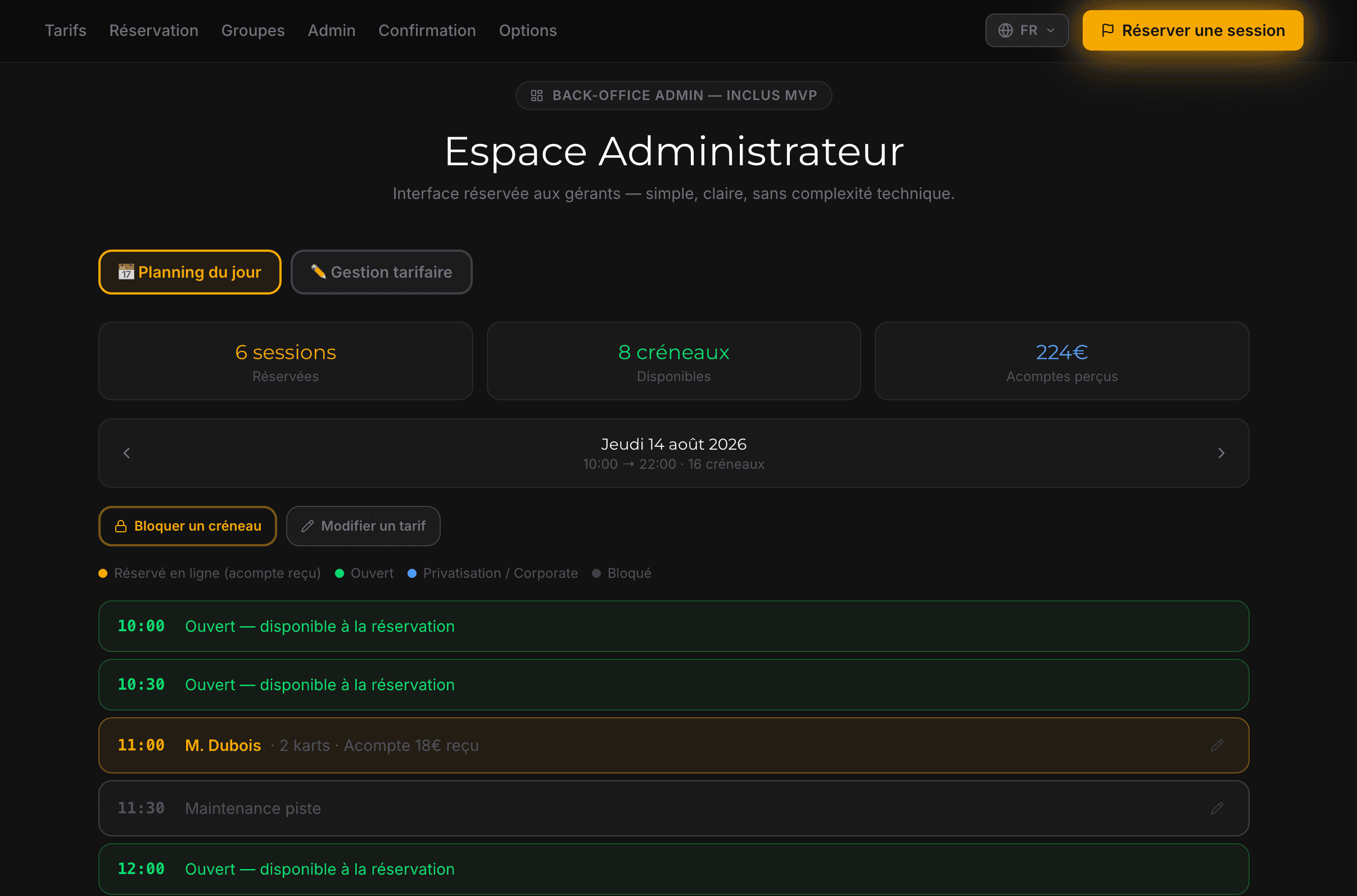 Back-office admin : planning du jour, acomptes et créneaux