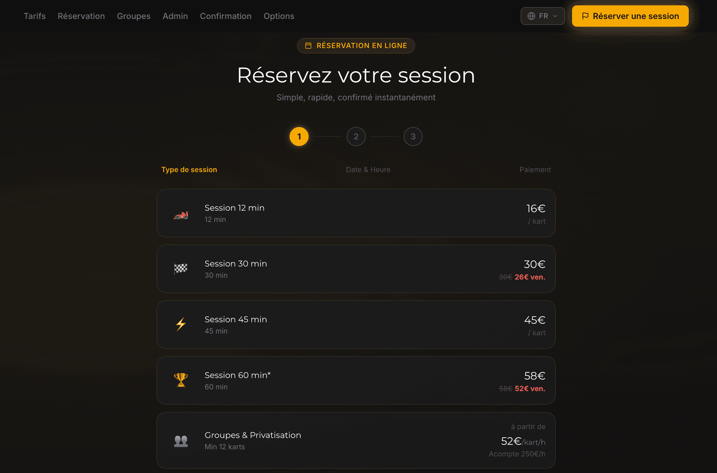 Parcours de réservation en 3 étapes : type de session, date et paiement