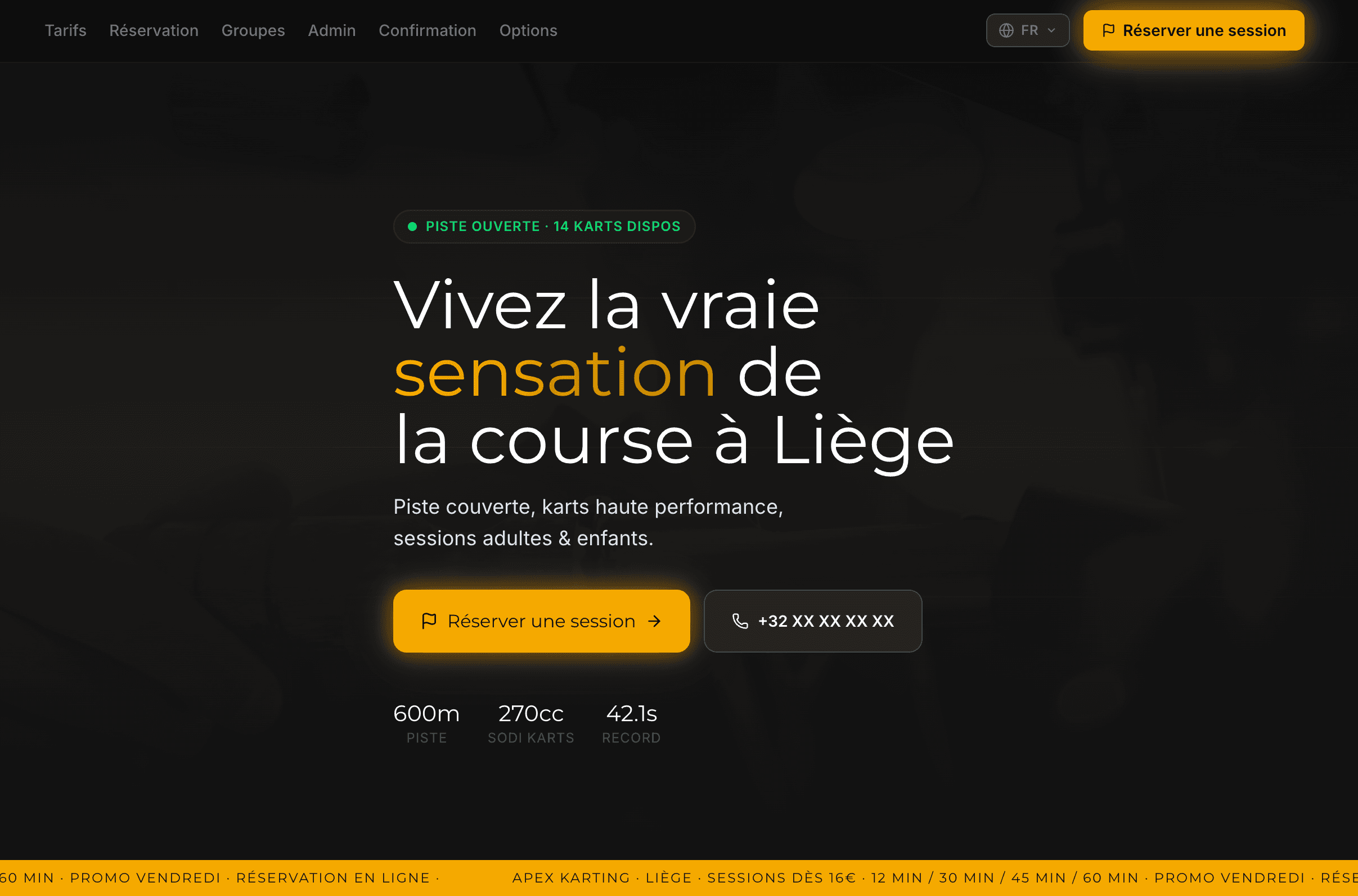 Maquette Figma : hero sombre, badge piste ouverte et appel à réserver une session